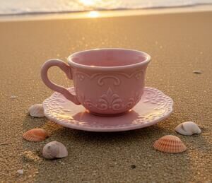 Vintage Flat Cup & Saucer Set Scallop Pink by American Atelier